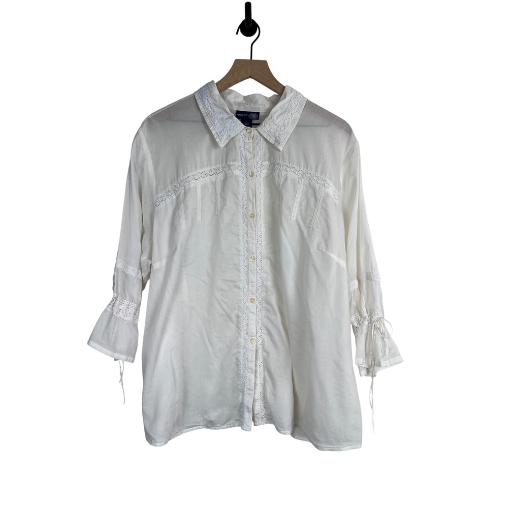 Venezia Jeans White Cotton Crochet Lace Trim Button Down Blouse Plus Size 26/28